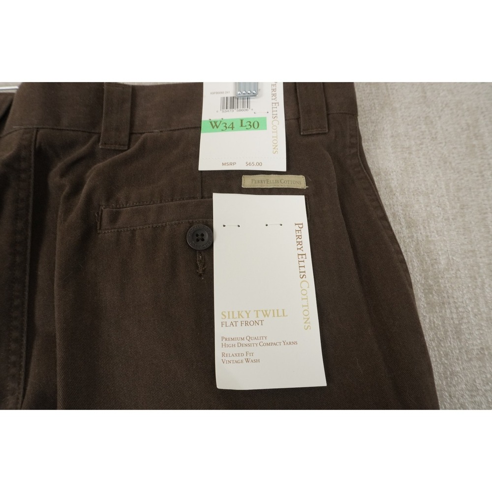 Perry Ellis Silky Twill Flat Front Dress Pants Brown Relaxed Fit 34x30 NWT - Picture 4 of 10